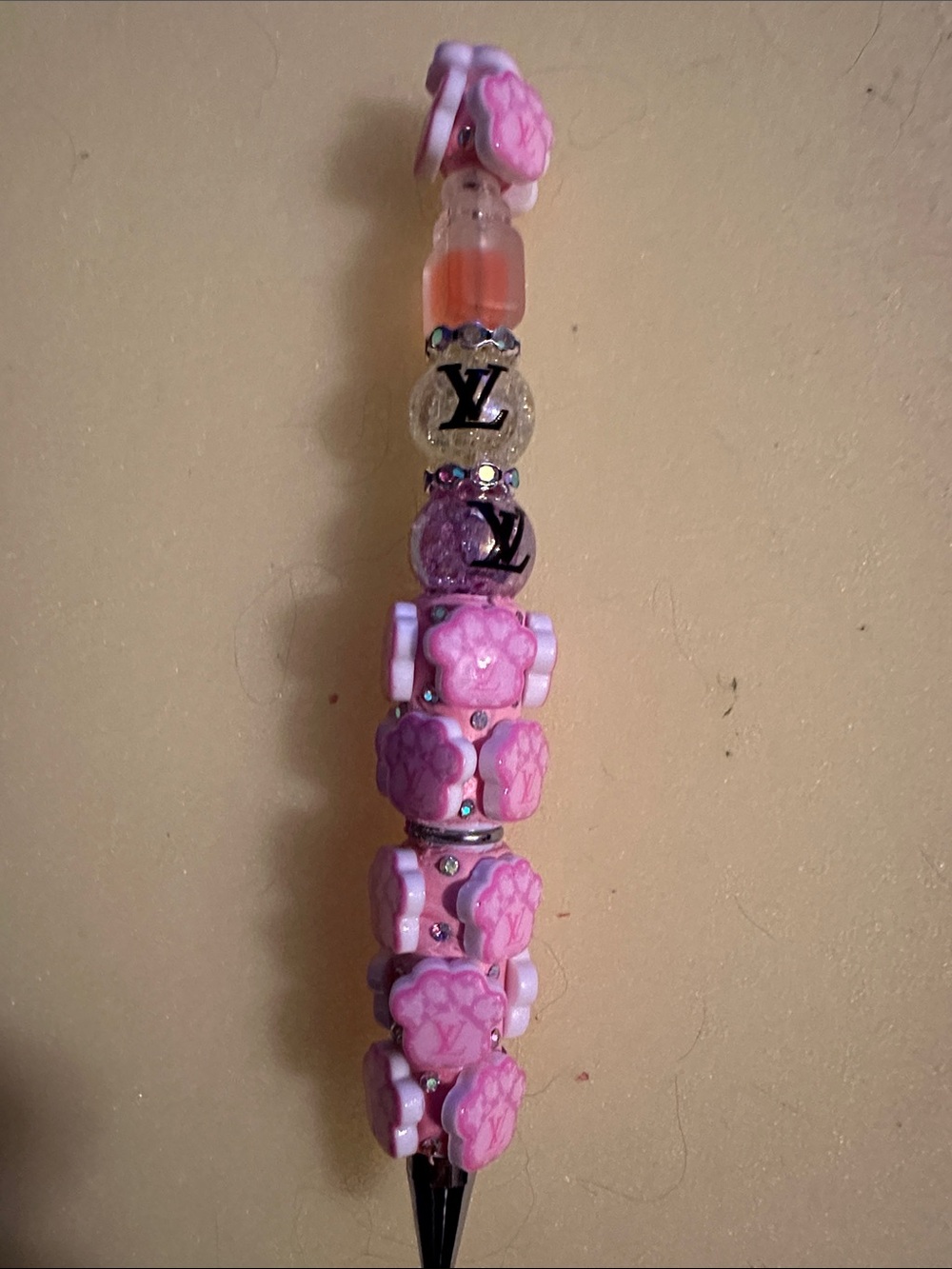 Pink Floral Bead Necklace with Logo Accent Handmade
